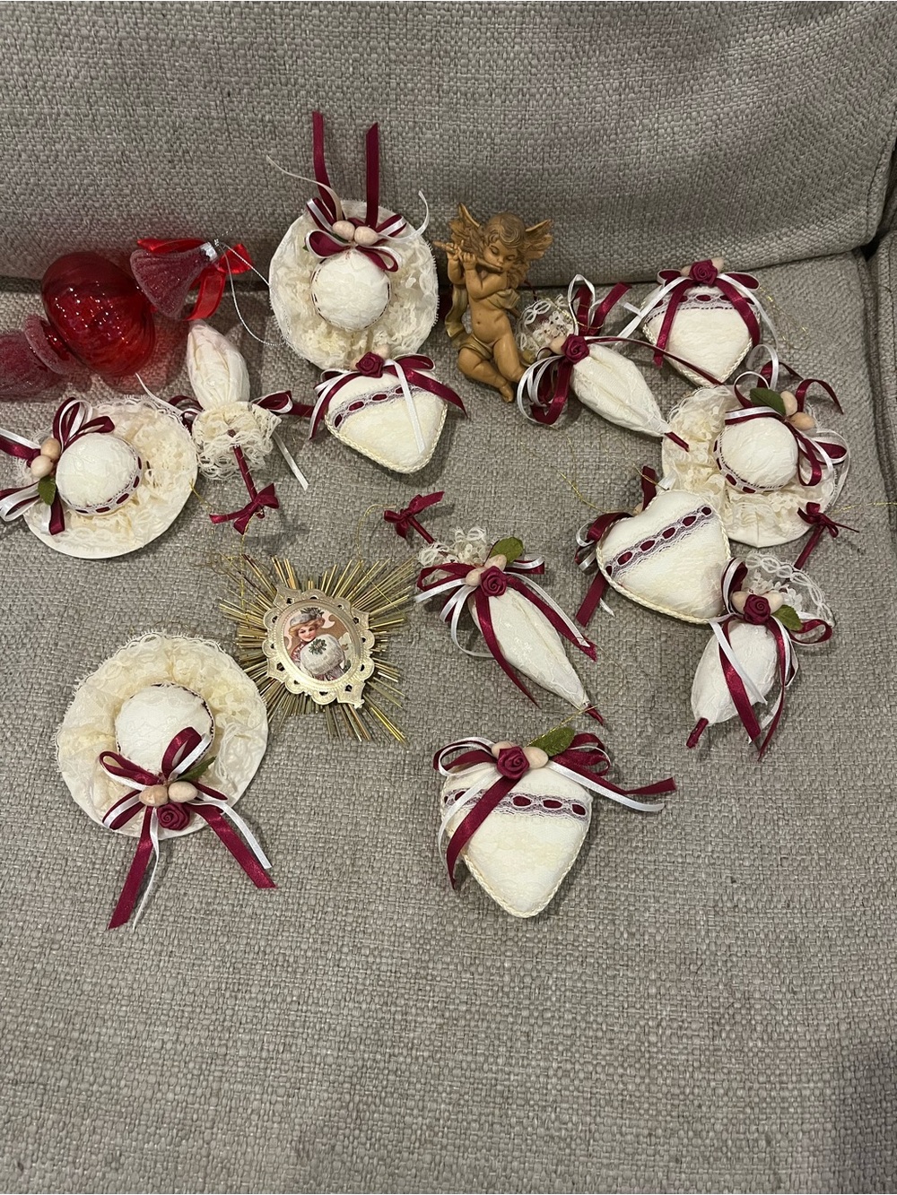 Vintage Style Handcrafted White and Burgundy Decorative Heart and Sphere Ornamen